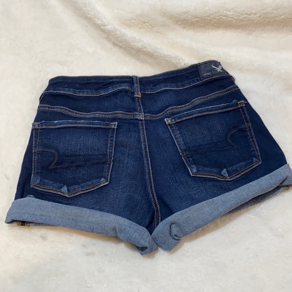 American Eagle hi-rise “shortie” shorts. Dark wash/cuffed/super stretch. Size 10 - Picture 2 of 11
